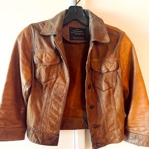 Allsaints worn style crop brown leather jacket